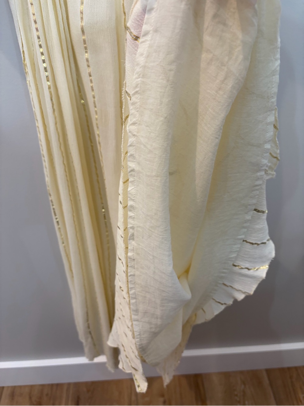 En Crème Sabrina Lurex Kimono Maxi Dress Cream Gold Stripes Asymmetrical Hem L - Picture 8 of 13